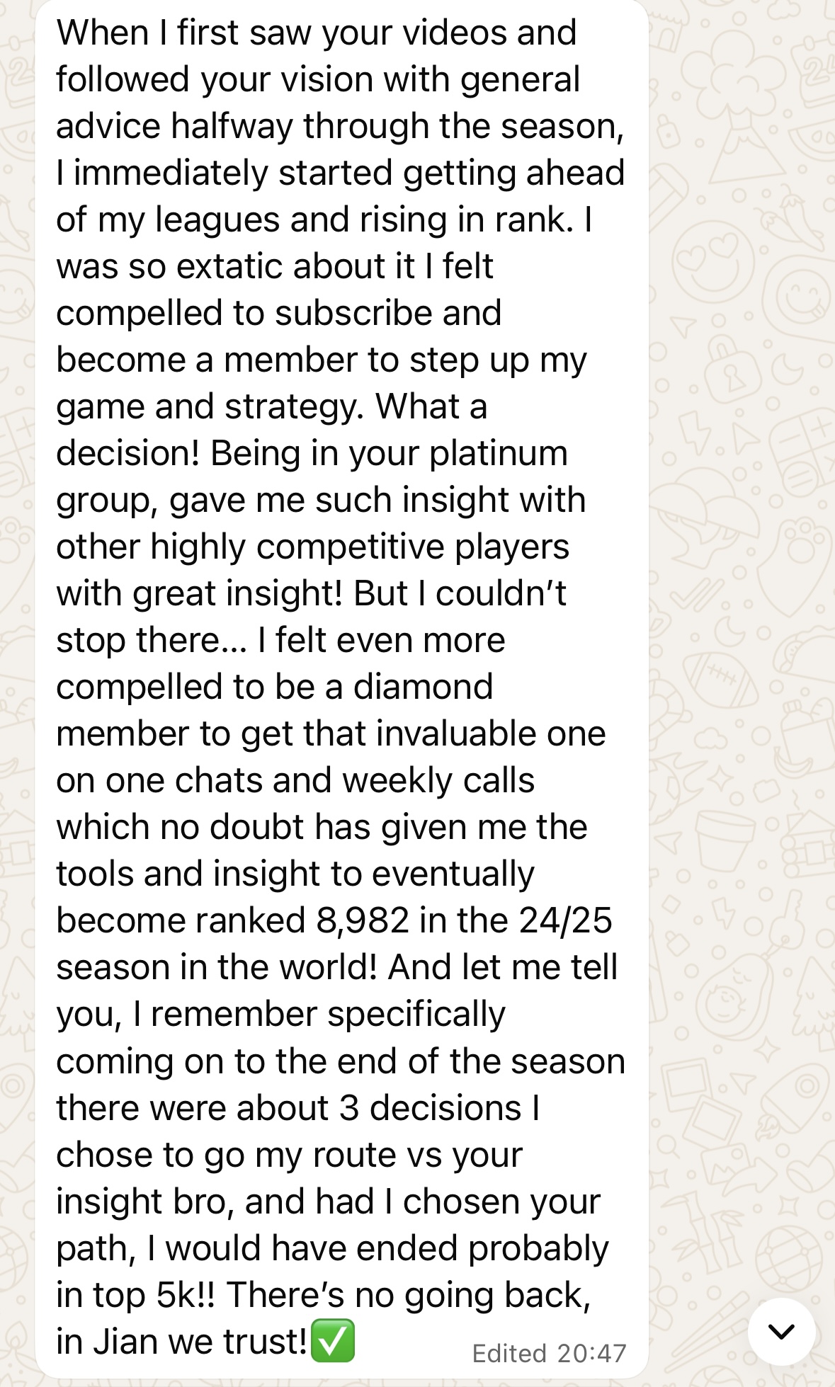 Jonathan testimonial about ranking 8,982 globally